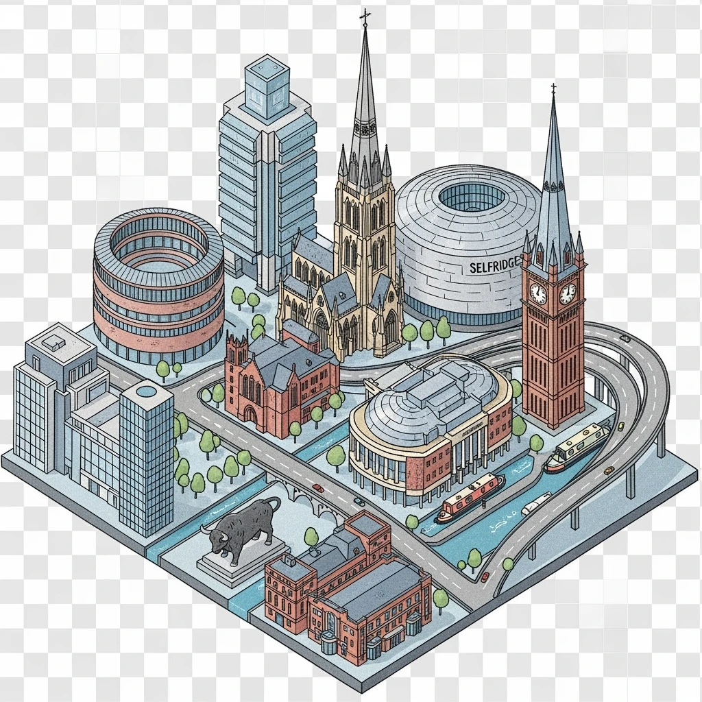 Isometric illustration of the Birmingham with iconic cities landmark, miniature slightly hand-drawn style, transparent background. emoji