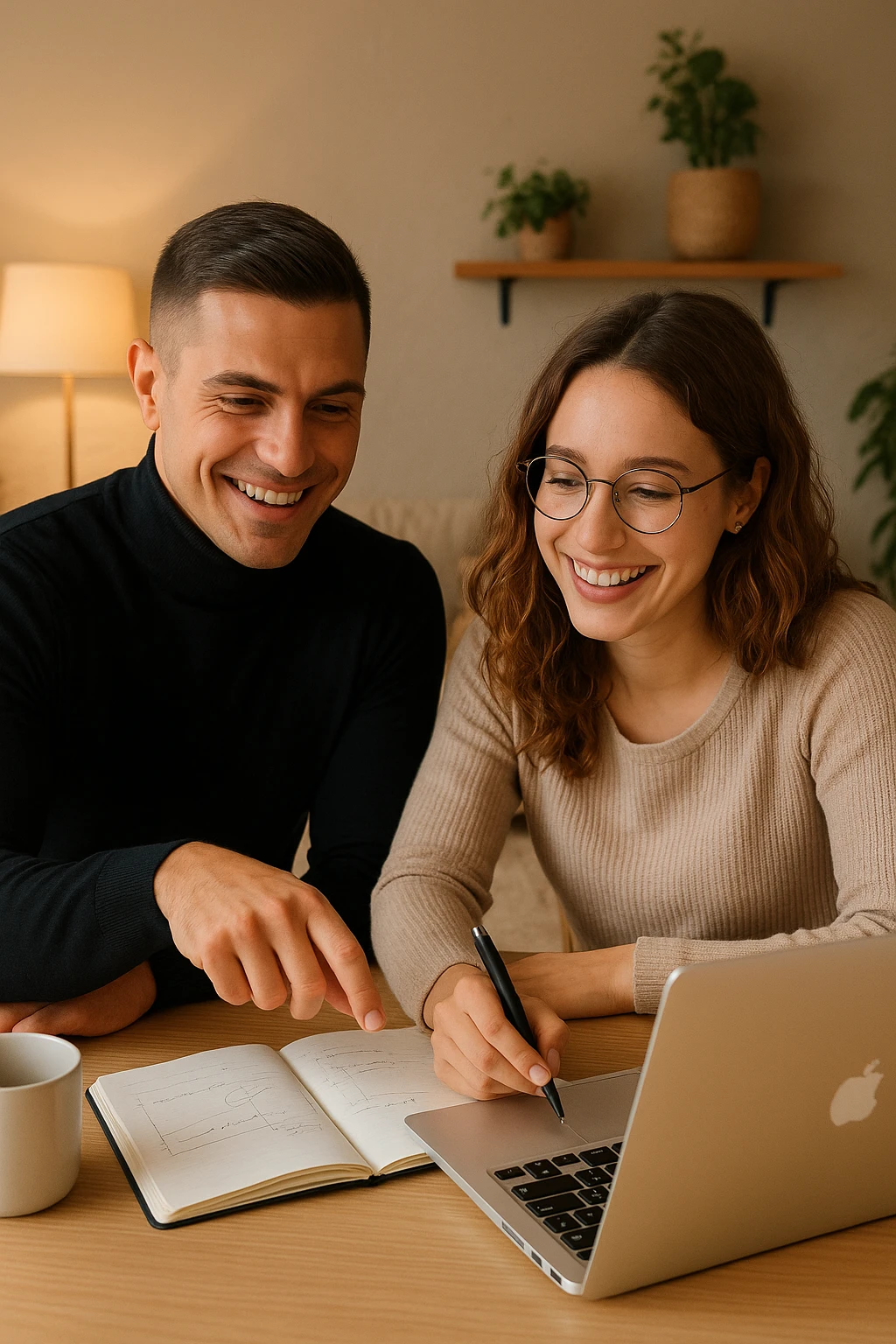 a man and woman work together on a project at home, with the man offering guidance and the woman actively participating and contributing ideas. Their expressions show teamwork and satisfaction, highlighting the benefits of collaboration and shared leadership. The setting is warm and inviting. emoji
