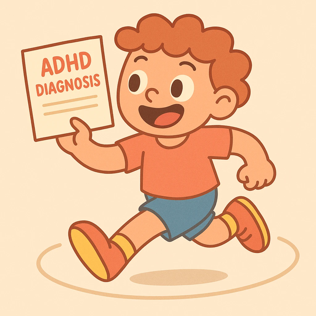 A cheerful, energetic child running in circles, clutching a certificate marked 'ADHD Diagnosis', in a pastel cartoon style emoji