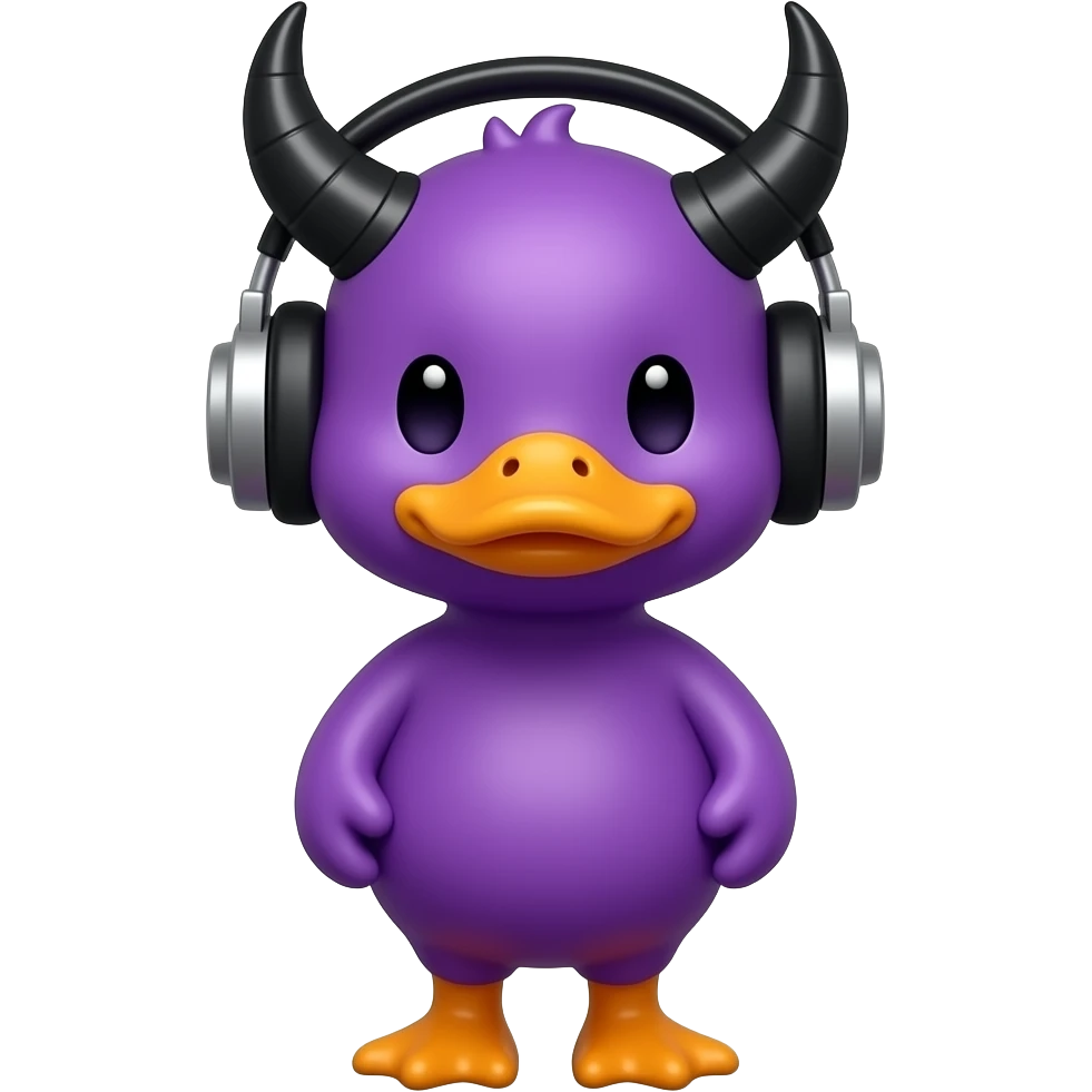 purple duck with DJ horns, black horns on the headset emoji