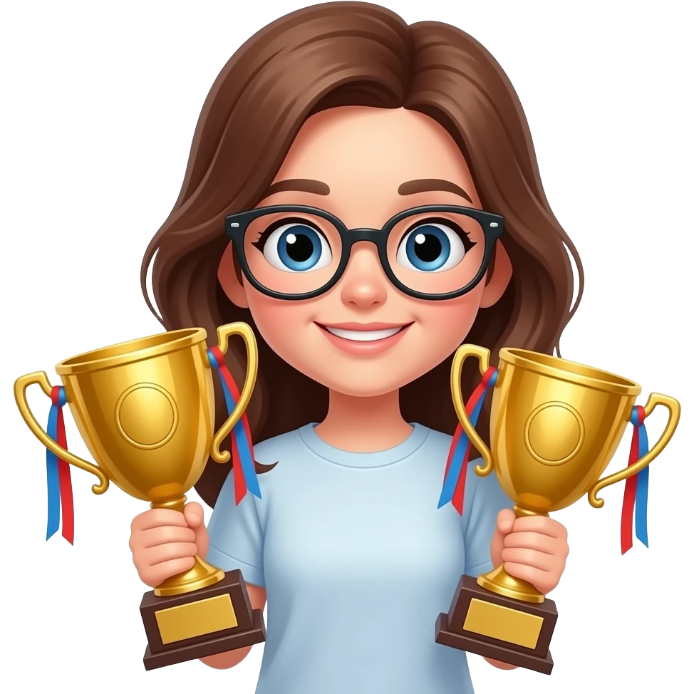 brown haired girl wearing glasses with prizes emoji