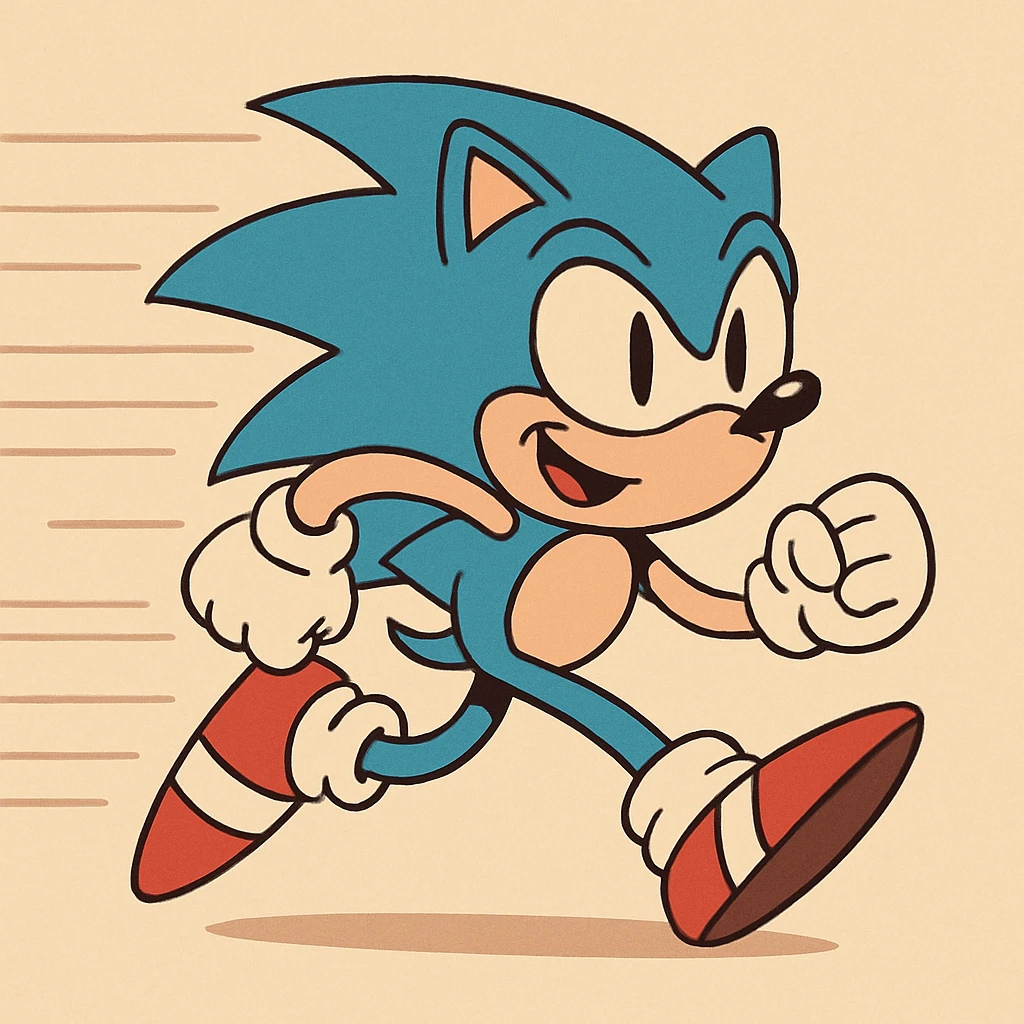 Sonic the Hedgehog, running with speed lines, blue spikes, red shoes, playful expression emoji