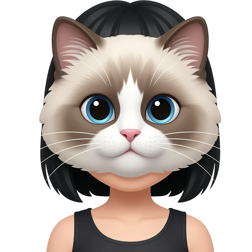 A girl wearing a creampoint ragdoll cat cat mask on her face with black hair emoji