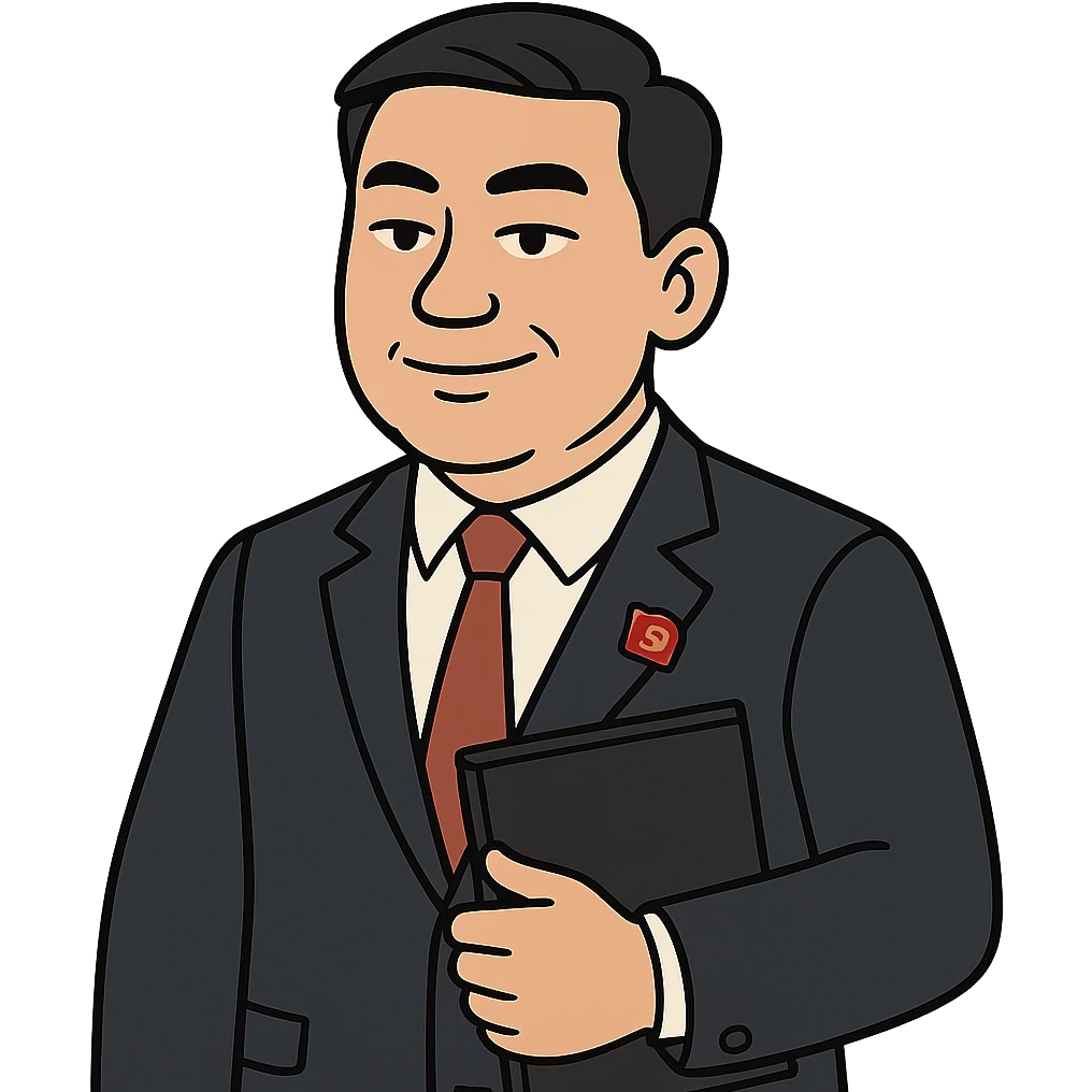 Chinese male manager emoji, cartoon style, flat design, wearing a dark suit, white shirt, red tie, golden Communist Party badge on left lapel, holding a black folder, confident expression, simple, white background emoji