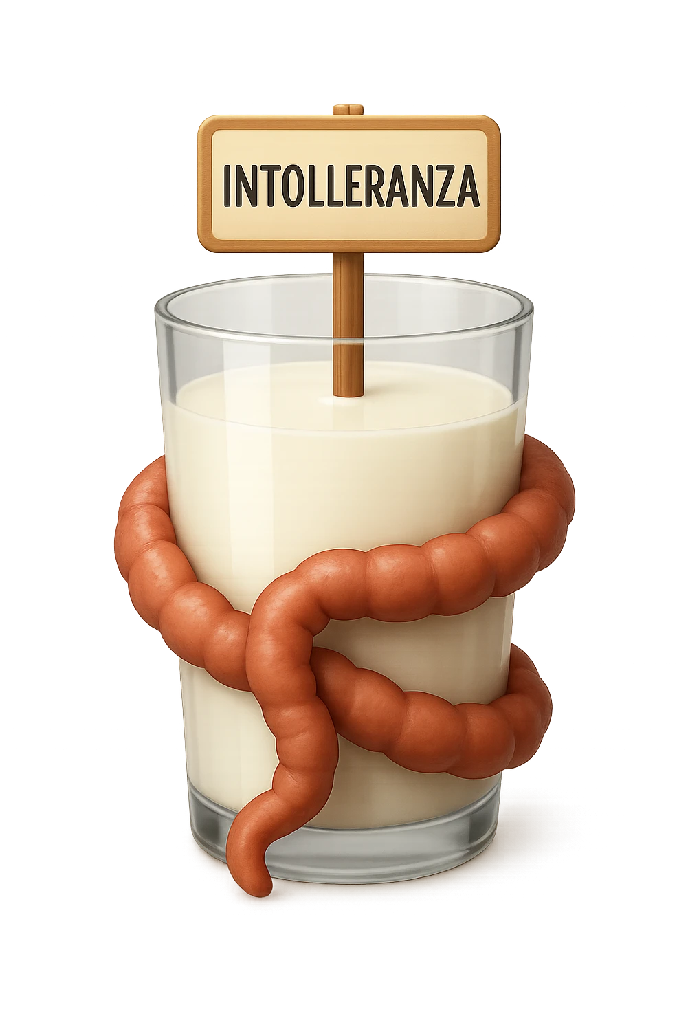 emoji stile iphone di un BICCHIERE DI LATTE CON COLON ATTORCIGLIATO INTORNO, HA UN CARTELLO CON LA SCRITTA "INTOLLERANZA" iperrealistico 4k, isolato su sfondo bianco emoji