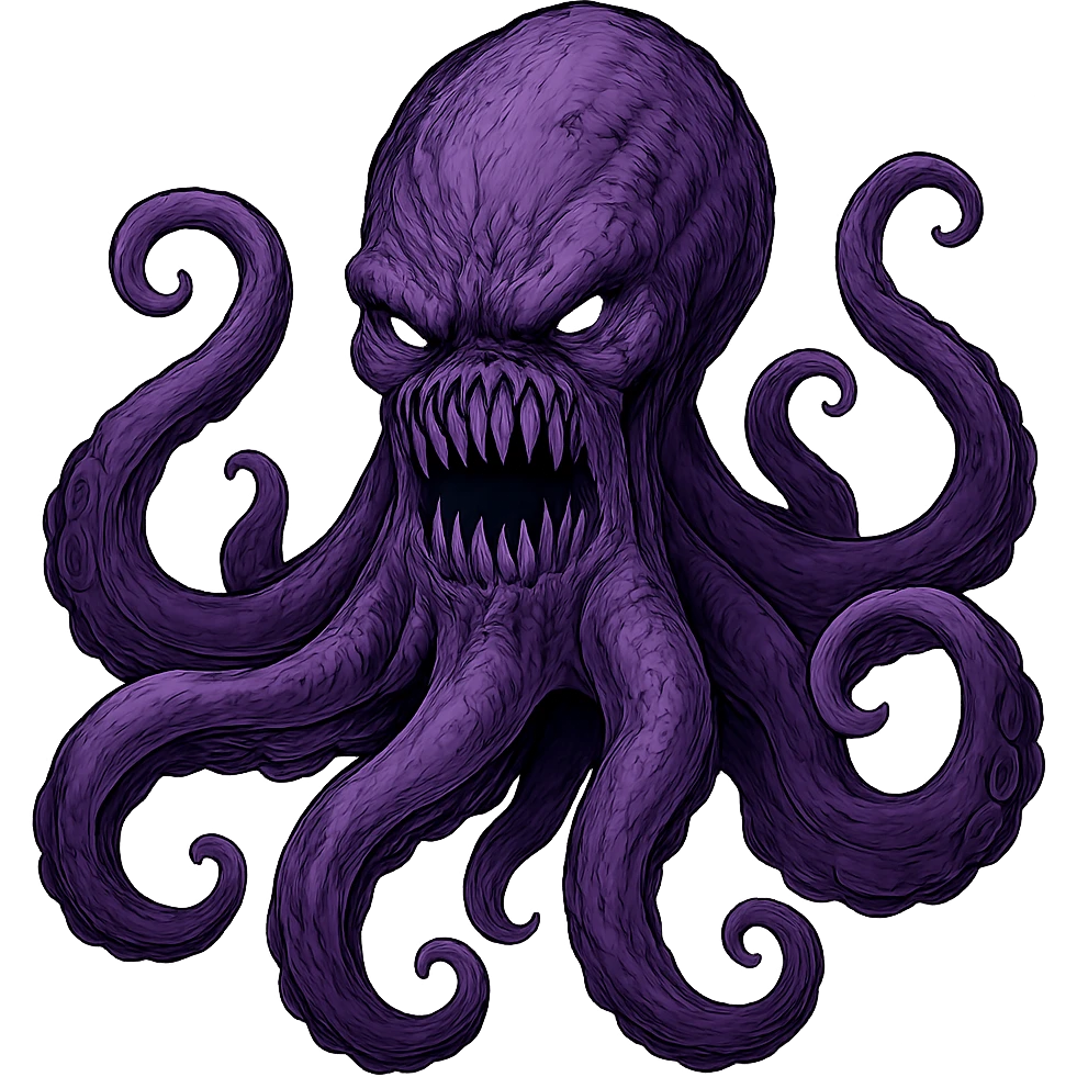Remove the nose, make the octopus look scary, keep the purple color, with no background. Maintain the original style and details of the octopus while making it look scary and purple. emoji