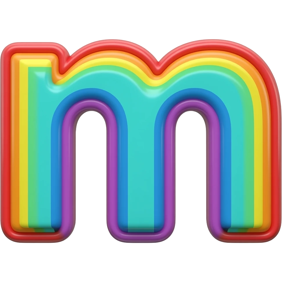 name "m" in turquoise, 3D style typography lettering, each color of the rainbow as a border outlined around each letter, isolated, 3d rendering, no emoji icons no emoji faces and must have no human figures emoji