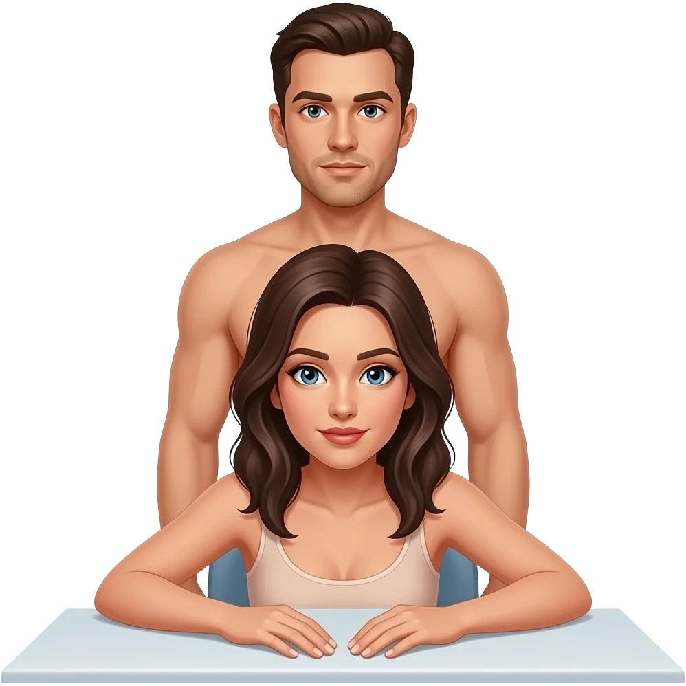 naked woman standing, bent over table facing camera. Large butt. Naked man directly standing behind her. Both man and woman facing camera. emoji