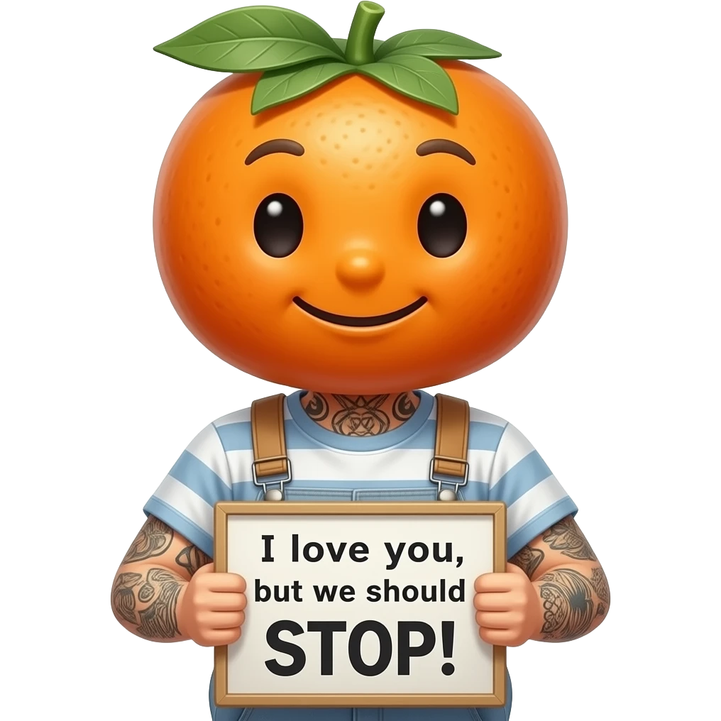 Giggling Kumquat with tattoos holding sign saying “I love you, but we should STOP !” emoji