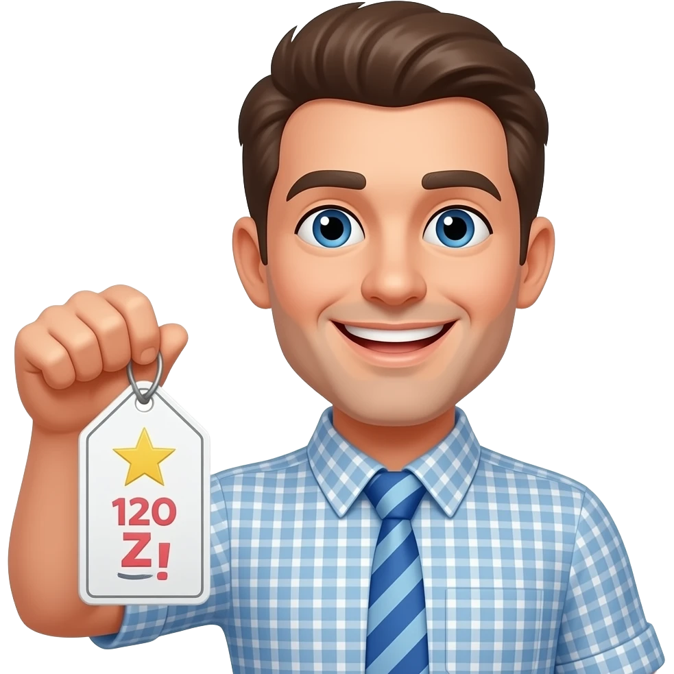 man holding sucess tag, happy emoji