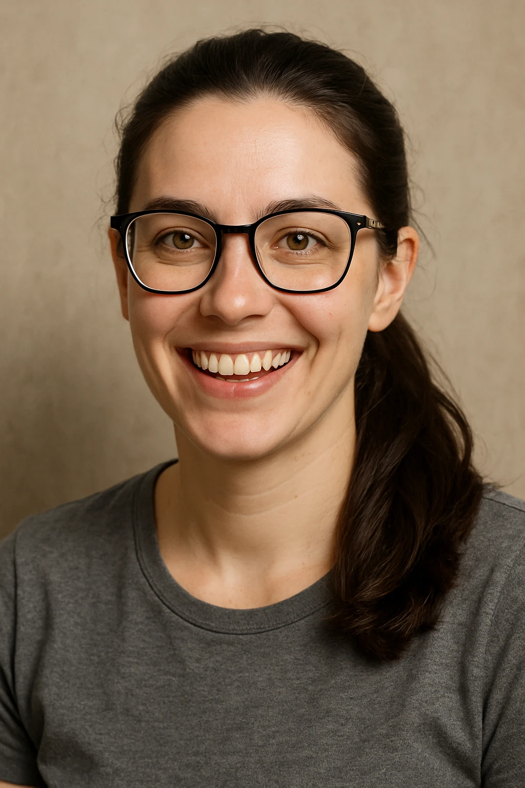 upper body portrait of a woman with long pulled back dark brown hair, hazel eyes, and glasses, cheerful emoji