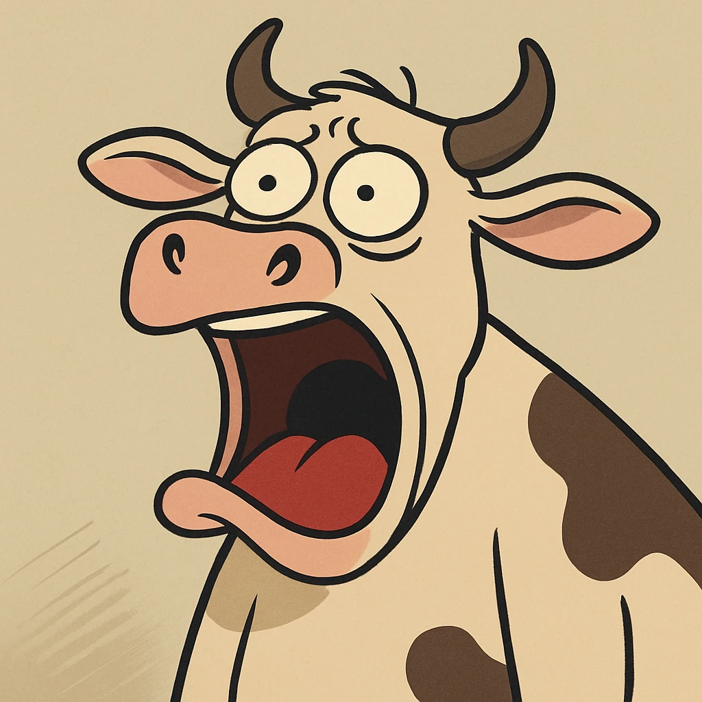 a cow with its mouth wide open, screaming, expressive face, cartoon style emoji