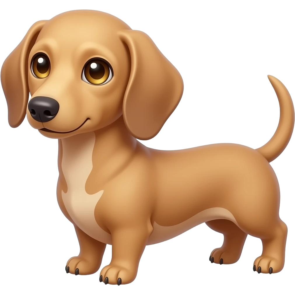 A small and thinnish dachshund with a cream/blonde colored, short haired coat; with gold colored eyes and a pinkish brown colored nose; has a small white streak on its chest emoji