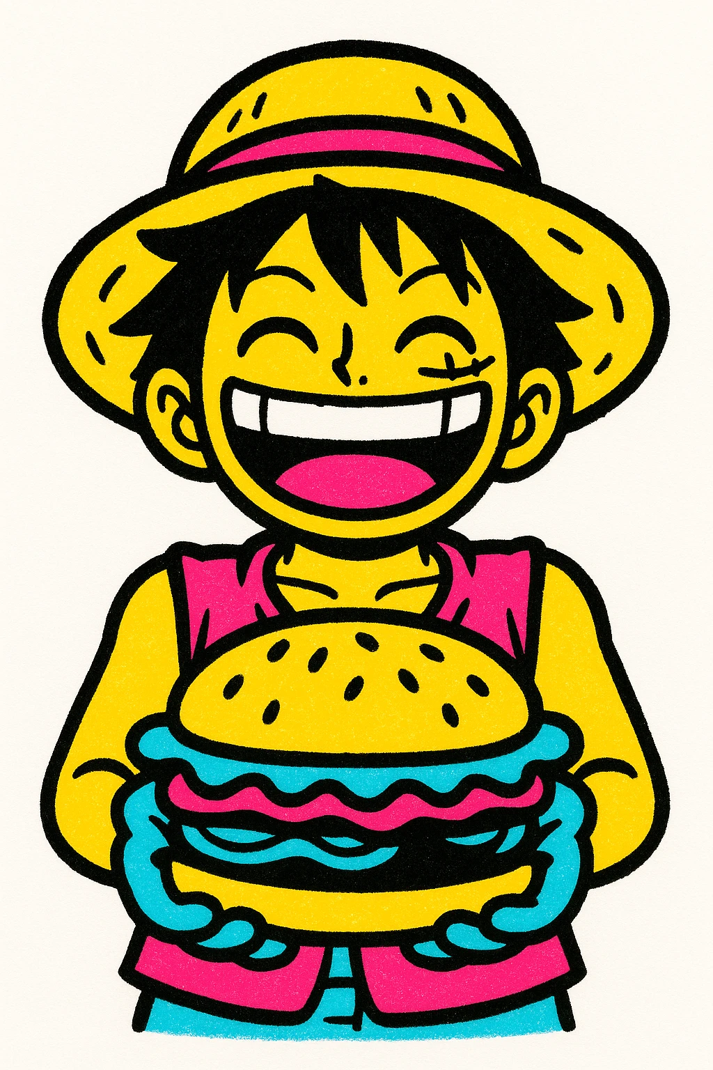 Luffy holding a burger with a big smile, pop culture, colorful emoji