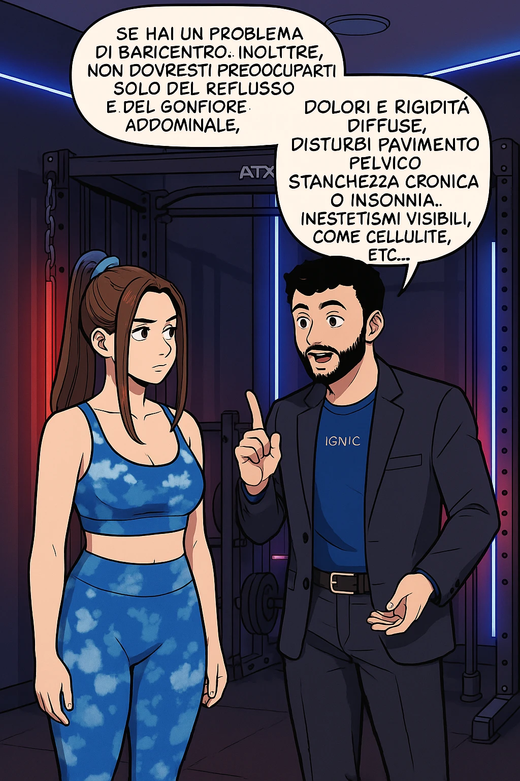 TRASFORMA QUESTO CAROSELLO IN UN FUMETTO STILE WEBTOON/MANGA A COLORI CON QUESTE DUE PERSONE IDENTICHE CHE INTERLOQUISCONO TRA LORO, L'uomo sta spiegando alla donna questo concetto:

Se hai un problema di baricentro, inoltre, non dovresti preoccuparti solo del reflusso e del gonfiore addominale, ma anche di un aumentato rischio di:
    • dolori e rigidità diffuse
    • disturbi pavimento pelvico
    • stanchezza cronica o insonnia
    • inestetismi visibili, come celluluite
    • etc… emoji