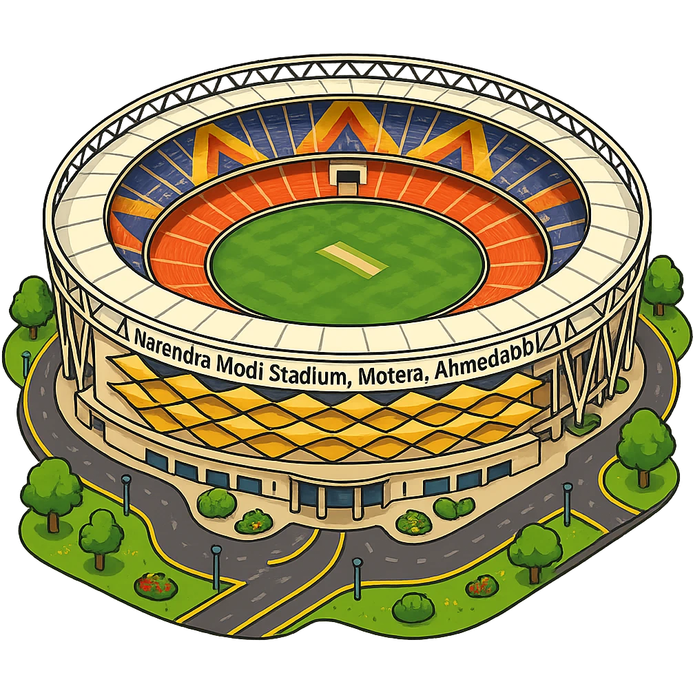 Изометричная, яркая, детализированная иллюстрация стадиона Narendra Modi Stadium в стиле 3D-коллажей городов, насыщенные цвета, аккуратные линии, мультяшно-реалистичная стилистика. Чёткие контуры, прозрачный фон, высокое качество. emoji