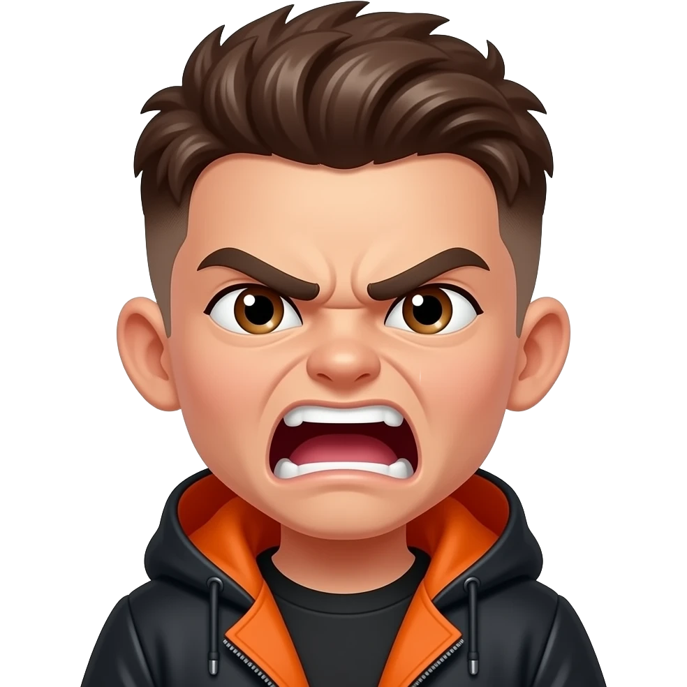 A mean angry boy with a brown buzz cut fluffy, brown thin eyes, tan skin, hairy thick eyebrows, and a black and orange coat, and yellow teeth screaming emoji