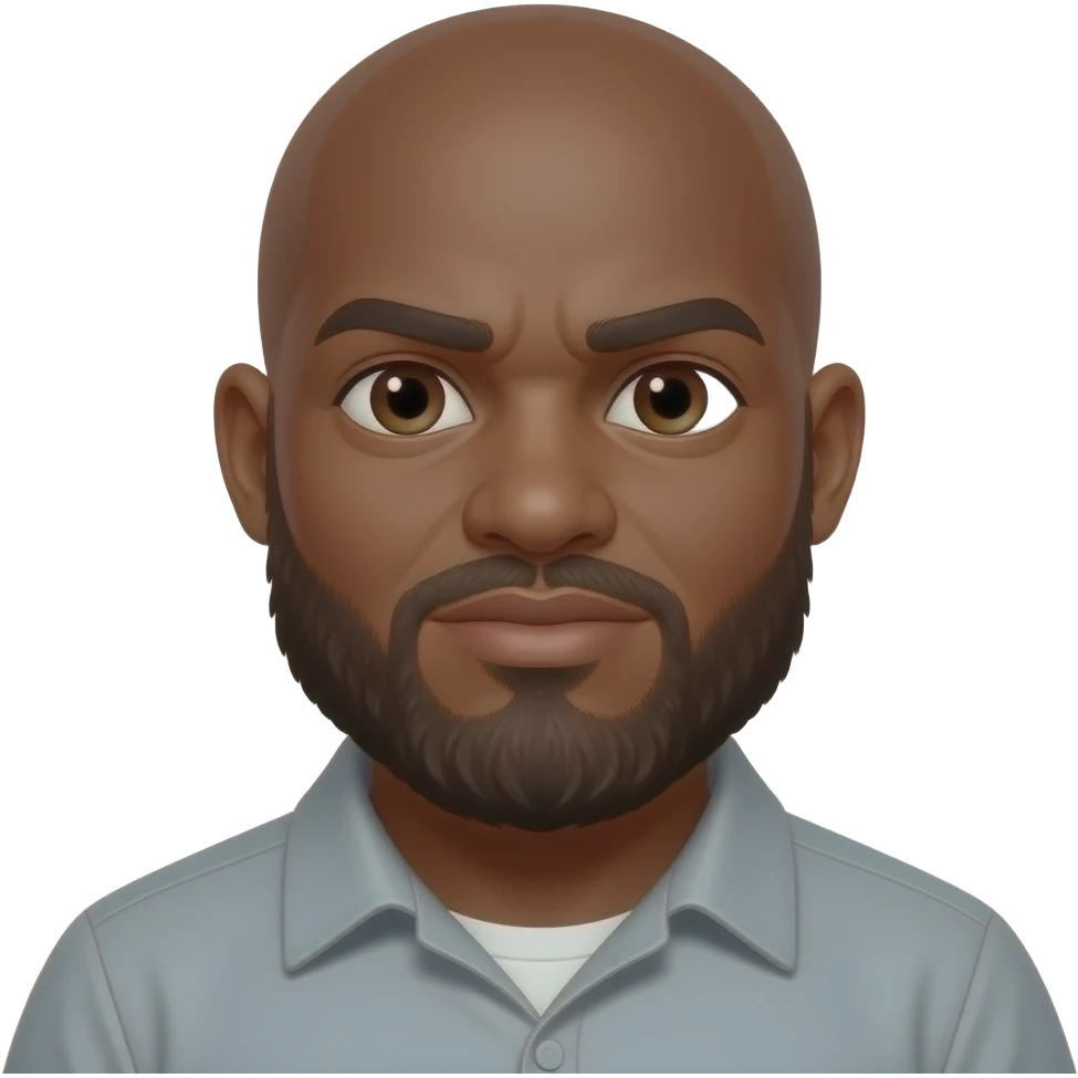 Shrugging fat African American bearded chunky bald guy with brown skin brown eyes emoji