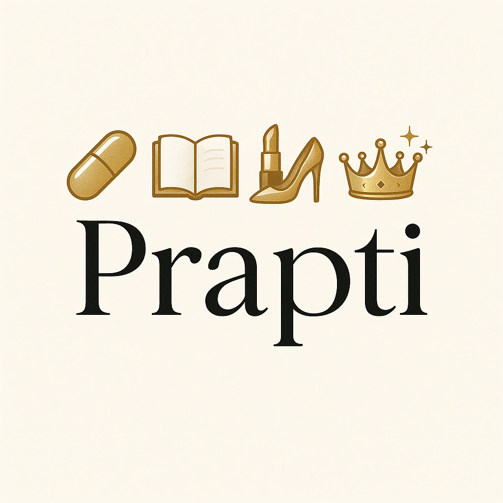 An elegant and classy emoji set featuring the name 'Prapti' in a graceful, refined font. Include symbols: a pill for pharma passion, a book for knowledge and studies, a lipstick and high heel for grace and charm, and a crown with sparkles for confidence and sparkle. The overall look should be sophisticated, refined, visually harmonious, luxurious, and glamorous with balanced composition and a chic, modern font for the name. emoji