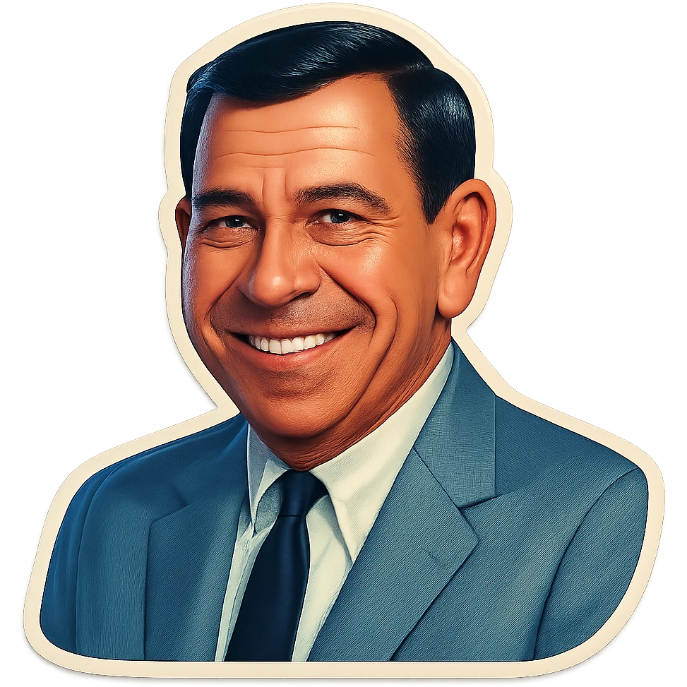 Portrait of this man in retro stickers style, smiling, no text, neutral background. emoji