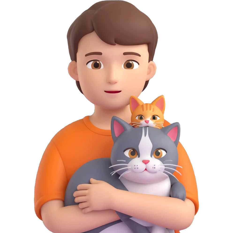boy and cat pet in forrest background, close up pose emoji