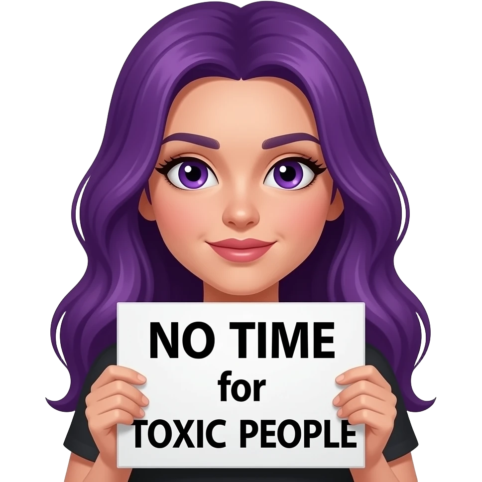 sexy girl with long purple hair and purple eyes holding a NO TIME for TOXIC PEOPLE sign emoji