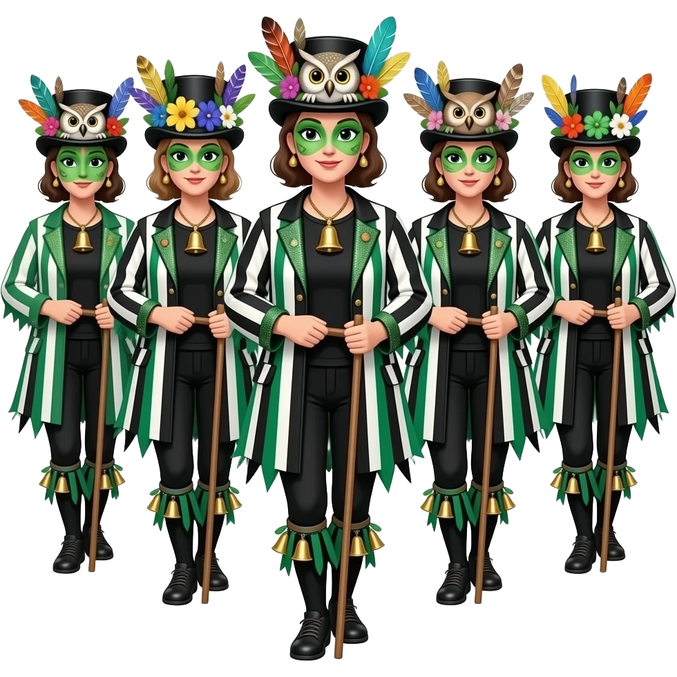 A Female Morris dancers carrying a stick with a ragged jacket in black white and green stripes with the occasional piece of sparkly fabric. A black tshirt. A top hat decorated with lots of feathers flowers and an owl. green face paint that looks like an owl. Bells below the knees emoji