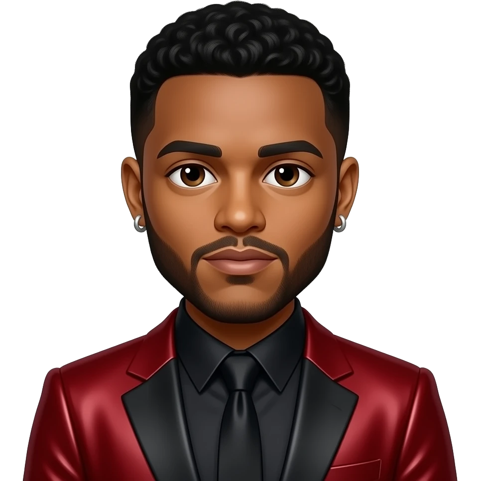 The Weeknd with dark brown eyes, black short afro hair, black metallic shirt, red metallic suit jacket, silver short earrings emoji