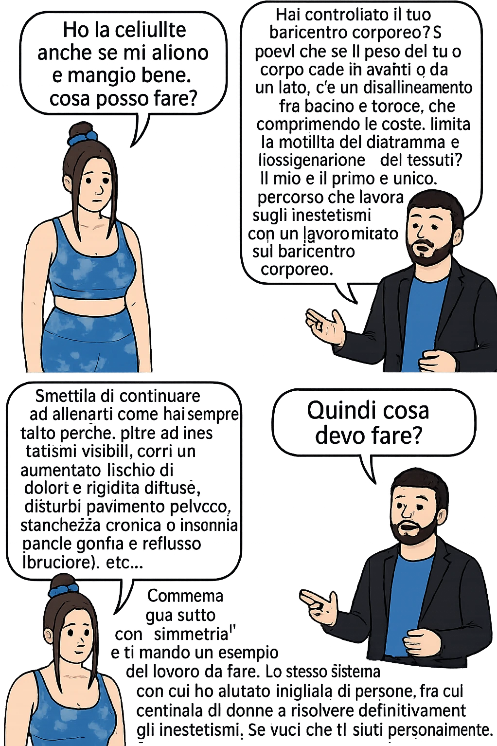 TRASFORMA QUESTO CAROSELLO IN UN FUMETTO CON QUESTE DUE PERSONE IDENTICHE CHE INTERLOQUISCONO TRA LORO:

Ho la cellulite anche se mi alleno e mangio bene, cosa posso fare?

Hai controllato il tuo baricentro corporeo?
Sapevi che se il peso del tuo corpo cade in avanti o da un lato, c’è un disallineamento fra bacino e torace, che comprimendo le coste, limita la motilità del diaframma e l’ossigenazione dei tessuti?
Il mio è il primo e unico percorso che lavora sugli inestetismi con un lavoro mirato sul baricentro corporeo.

Smettila di continuare ad allenarti come hai sempre fatto perché, oltre ad inestetismi visibili, corri un aumentato rischio di:
    • dolori e rigidità diffuse
    • disturbi pavimento pelvico
    • stanchezza cronica o insonnia
    • pancia gonfia e reflusso (bruciore)
    • etc…


Quindi cosa devo fare?
Commenta, qua sotto, con “simmetria” e ti mando un esempio del lavoro da fare. Lo stesso sistema con cui ho aiutato migliaia di persone, fra cui centinaia di donne a risolvere definitivamente gli inestetismi.
Metterei il prima e dopo

Se vuoi che ti aiuti personalmente
SCRIVIMI IN DIRECT emoji
