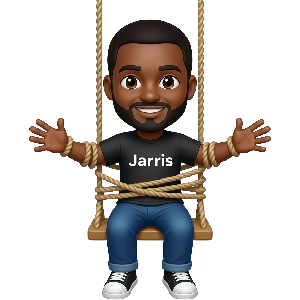 Make an emoji of a black man tied up in a sex swing with a word Jarvis on his shirt emoji