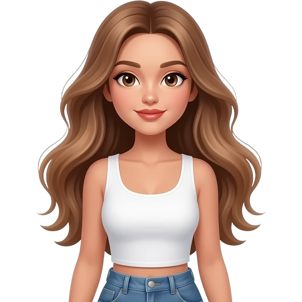 Naturally beautiful tan woman with a cute face skinny, normal skinny and is wearing white top and jeans and has luminous long light brown hair and big natural lips and a small nose and some cheekbones and has some sort of make-up and is glowing and hair kind of flying. Not smiling too much. emoji