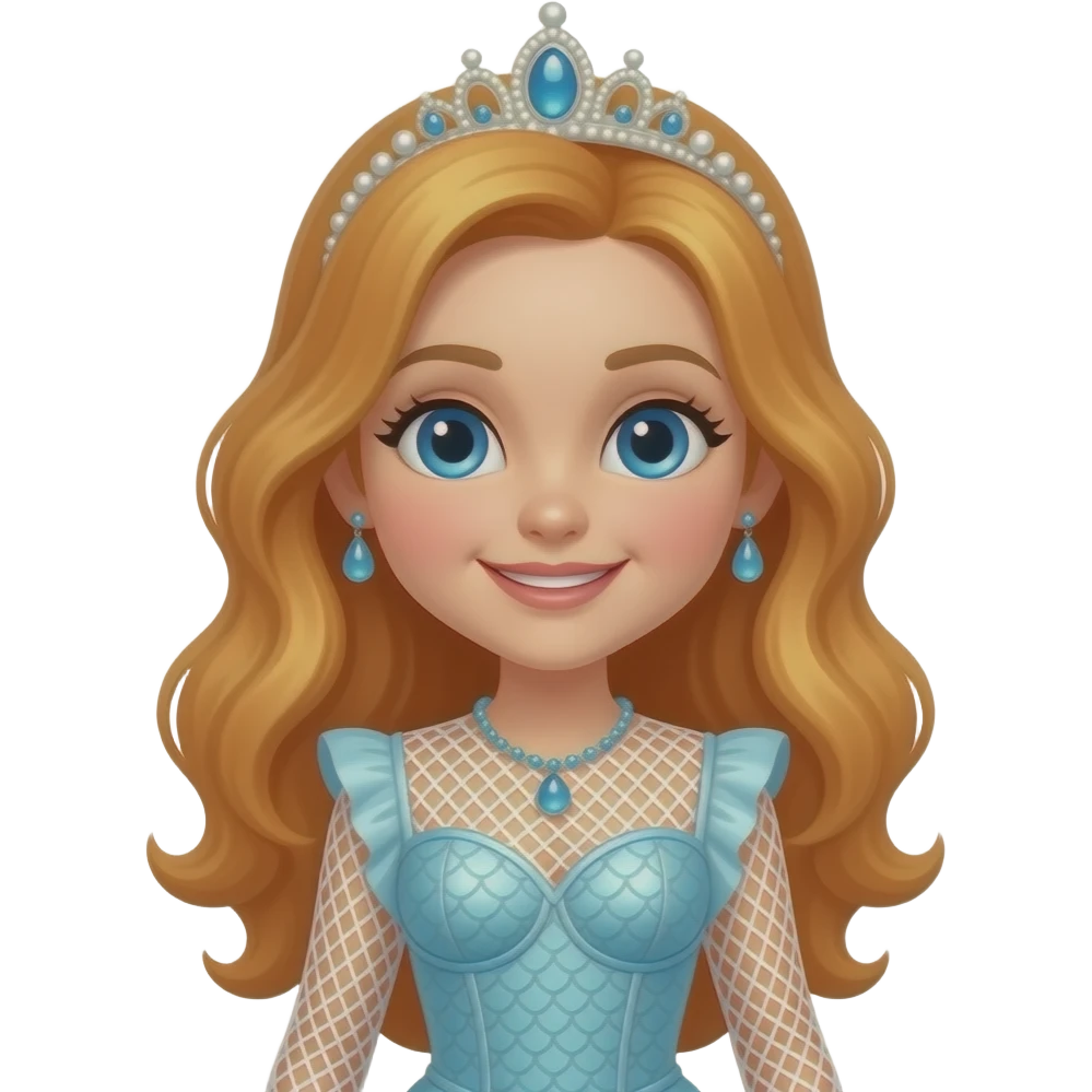 Bubbles the Mermaid from The Wiggles with blue eyes, long reddish blonde hair, pearl crown, white fishnet dress with light blue mermaid corset emoji