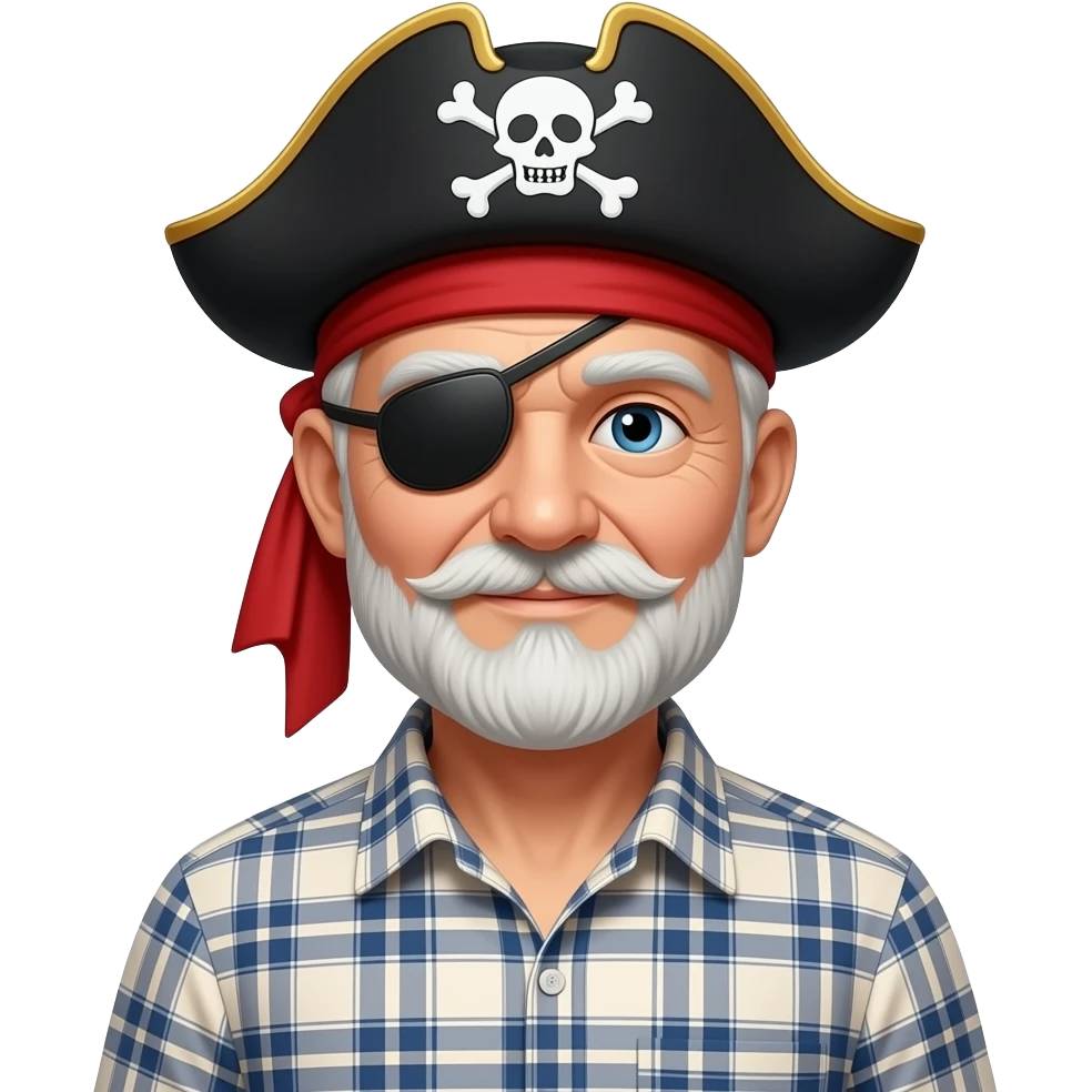 old man wearing a checked shirt with a pirate headband and hat emoji