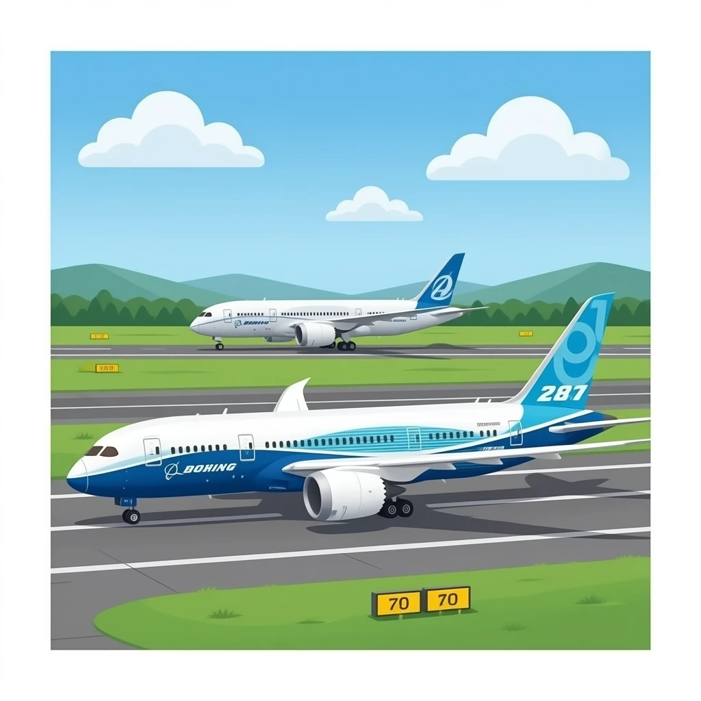 A Boeing 787 and a Boeing 797 on the runway at the airport. emoji