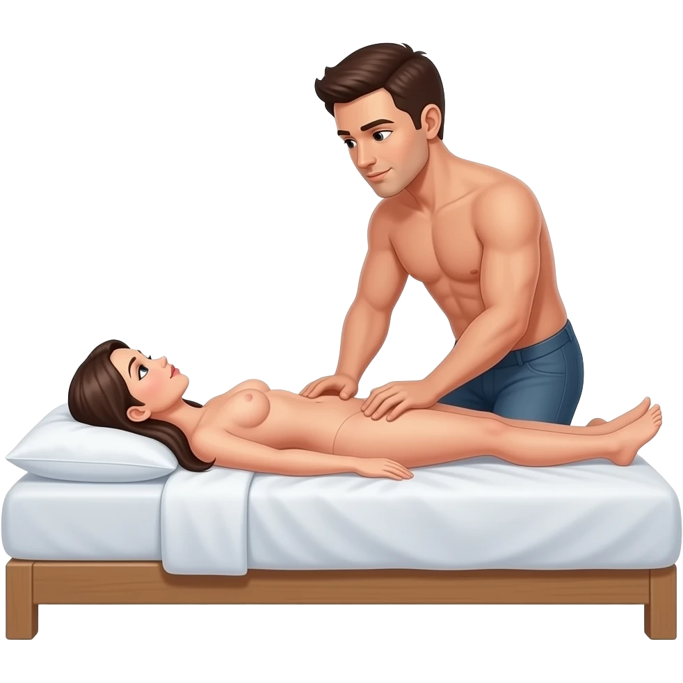 Naked man kneeling massaging a naked woman laying on her front on a bed with no sheet emoji