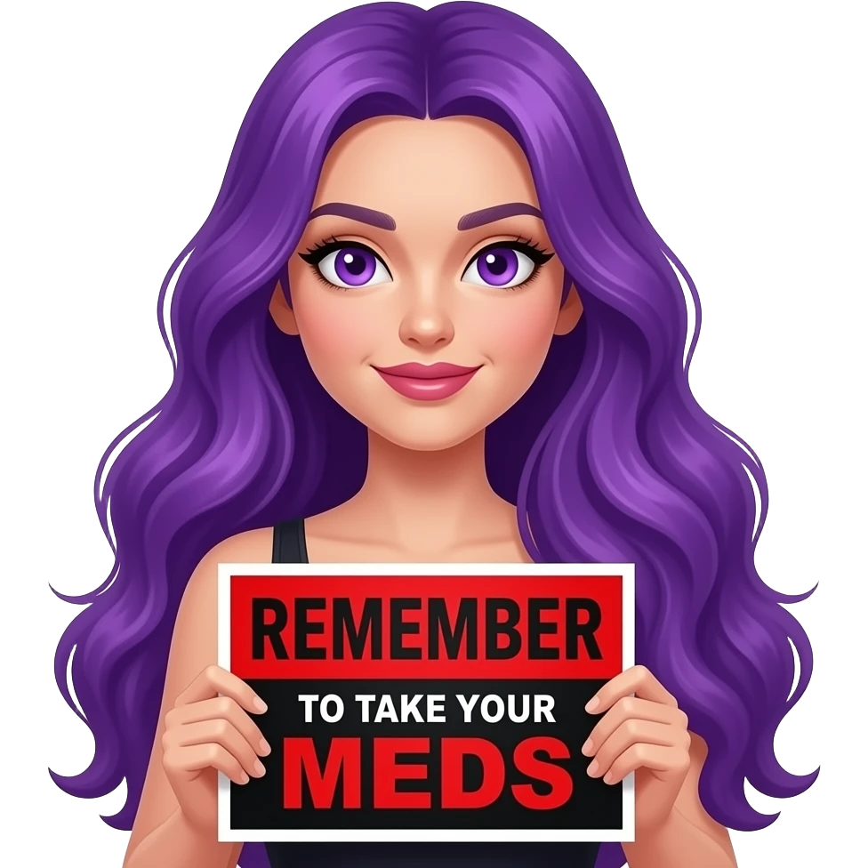 sexy girl with long purple hair and purple eyes holding a REMEMBER TO TAKE YOUR MEDS sign emoji