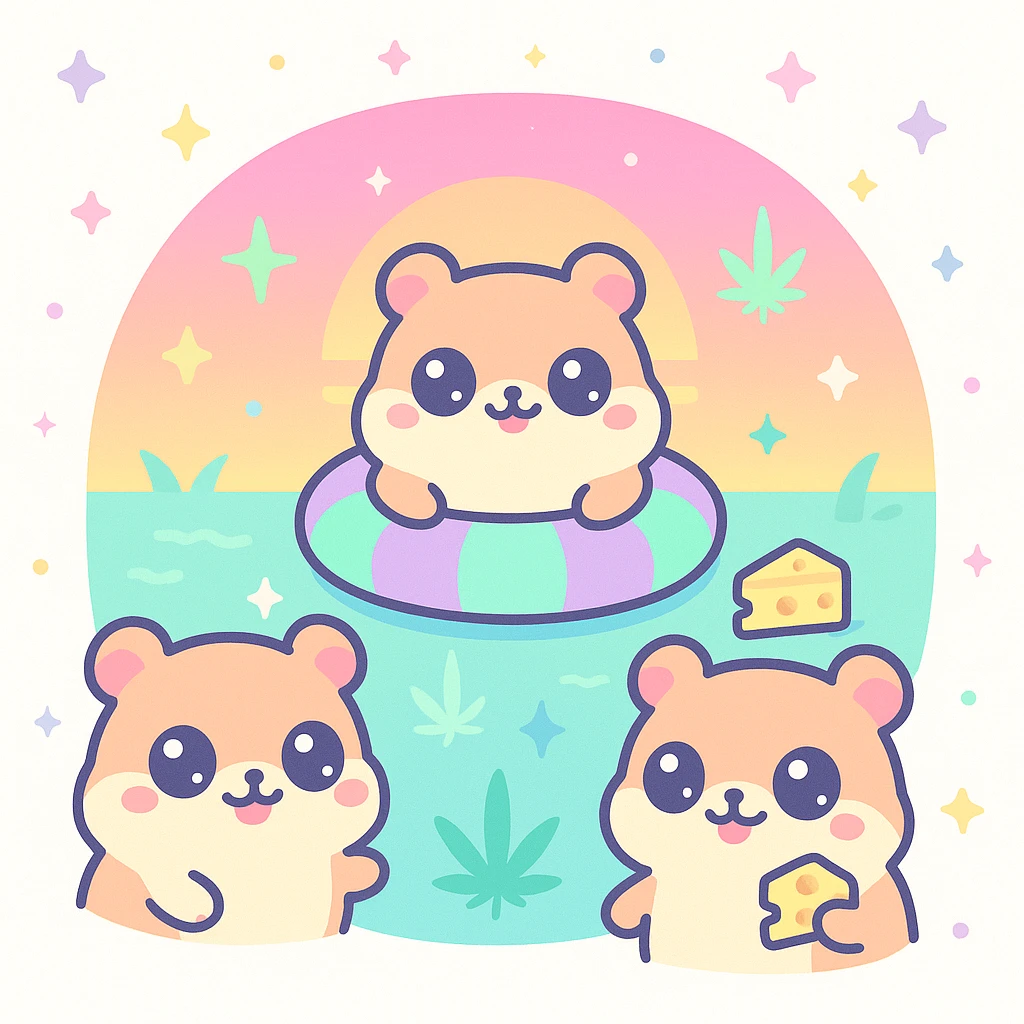 Discord server icon, square, super cute pool party at sunset with up to 3 kawaii hamsters, weed leaves, cheese, THC theme, no disco ball, synthwave vaporwave style, pastel neon colors, dreamy gradients, sparkles, nostalgic, fun, inviting, summer party vibe, clear composition emoji