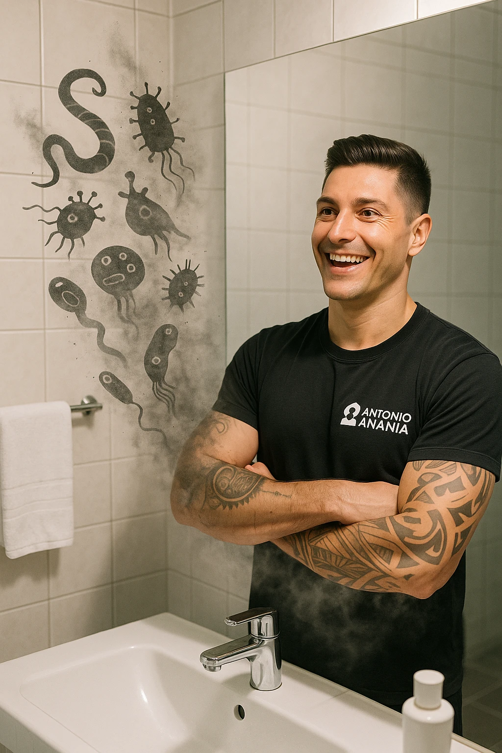 a man stands in a brightly lit bathroom, looking relieved and revitalized as he examines his reflection in the mirror. In the foreground, stylized, shadowy images of parasites (such as worms or protozoa) are shown leaving his body, dissolving into mist or fading away. His posture is upright and his expression is one of newfound energy and health. emoji