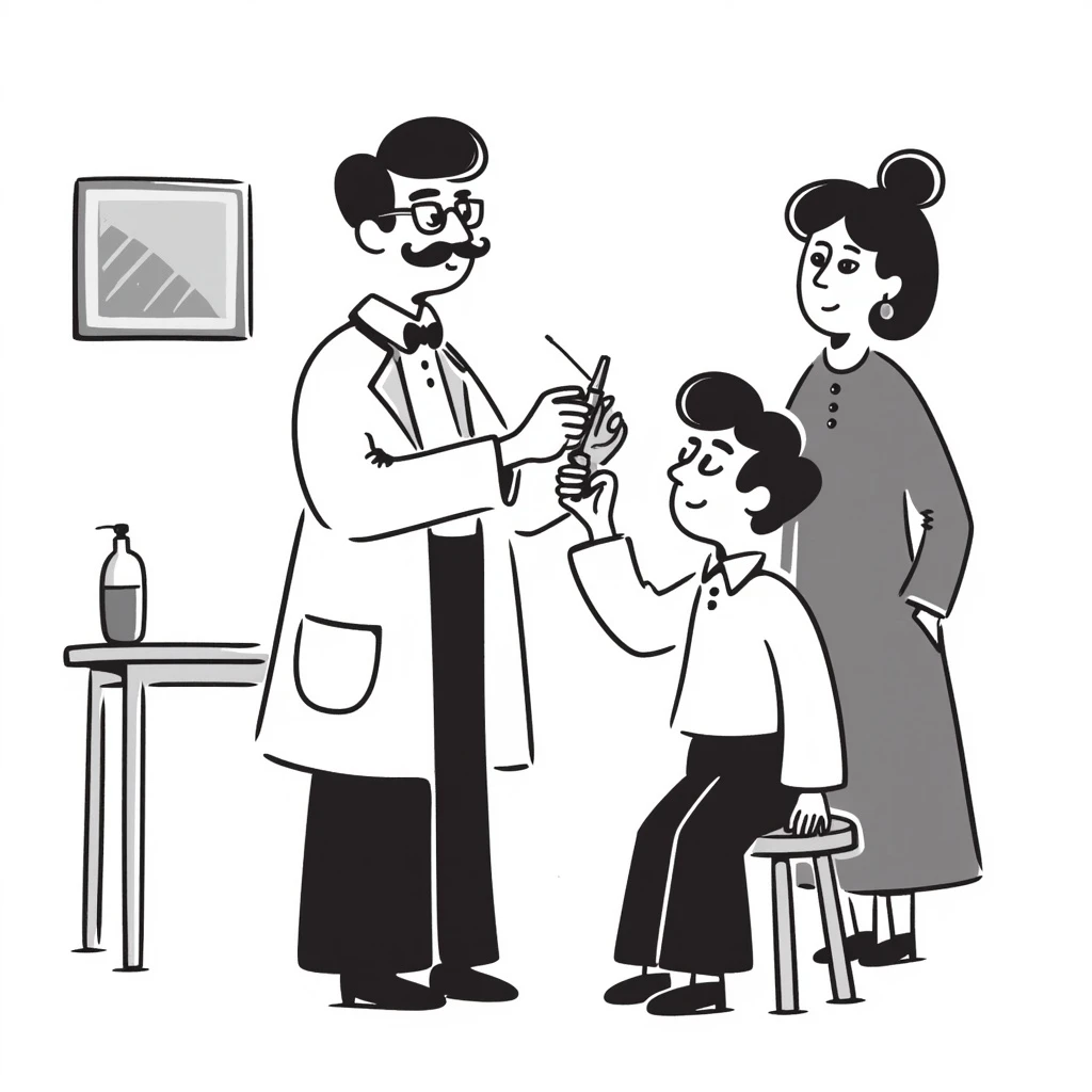 A Victorian doctor giving a young poor boy a vaccination with the boy's mother in the background looking worried emoji