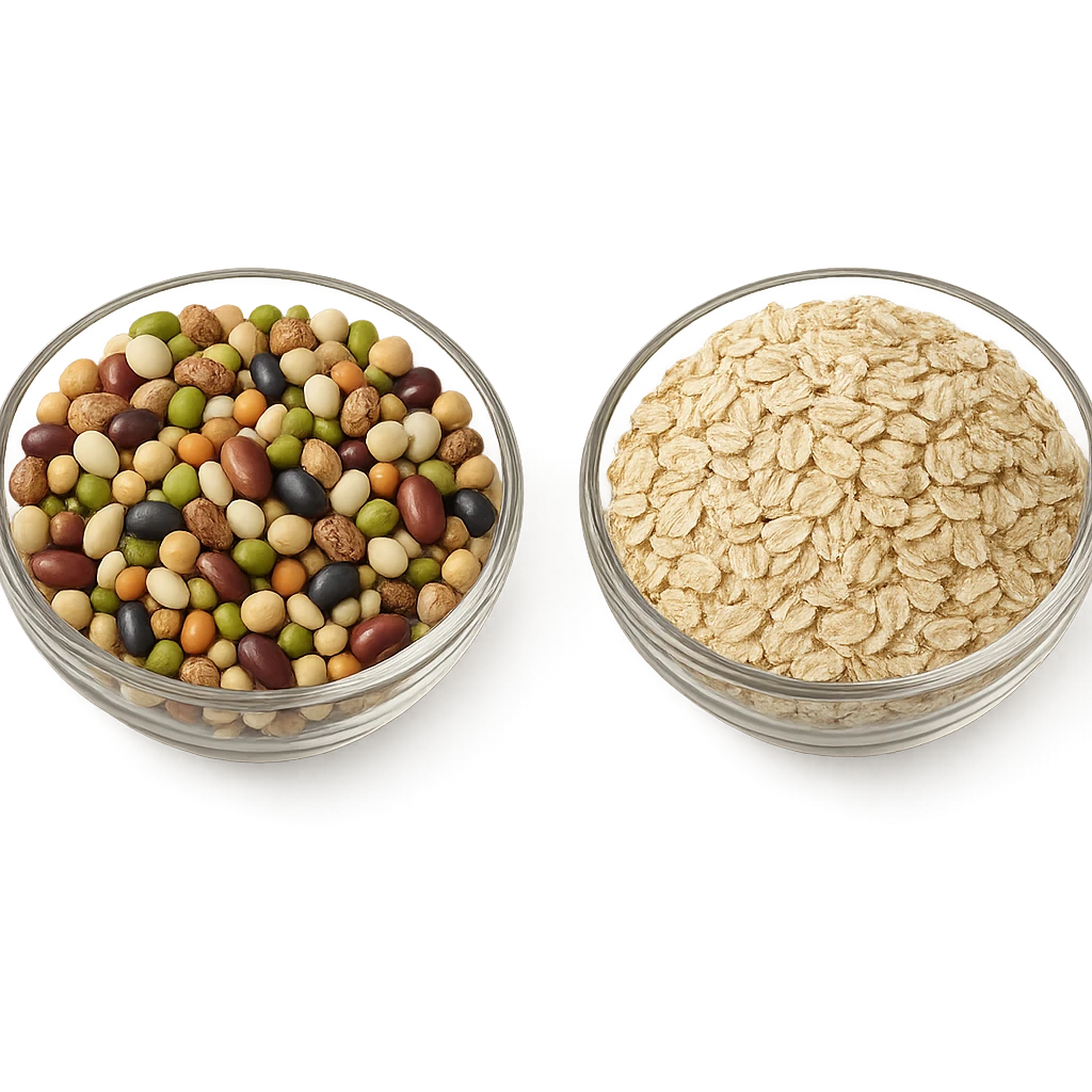 BOWL DI LEGUMI INSIEME A BOWL DI FIOCCHI DI AVENA POGGIATE,  iperrealistico 4k emoji