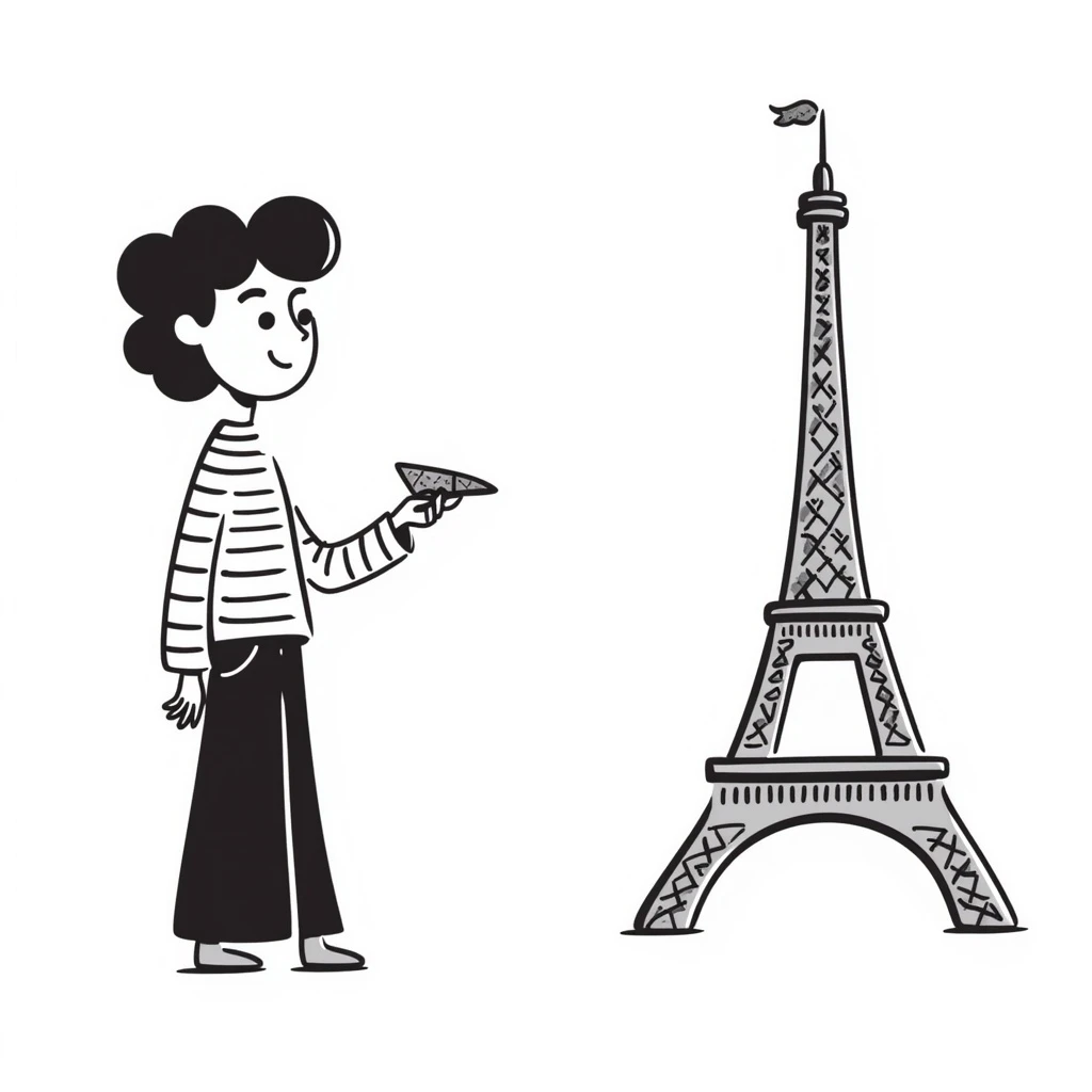 A girl standing near the Eiffel Tower emoji