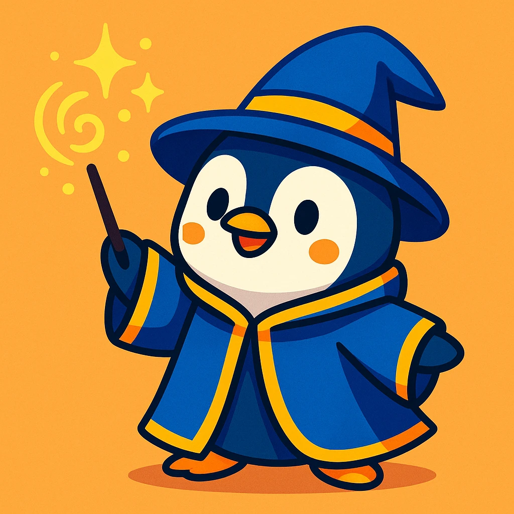 a cute penguin wizard casting a spell, wearing a robe and holding a wand, in a colorful cartoon style emoji