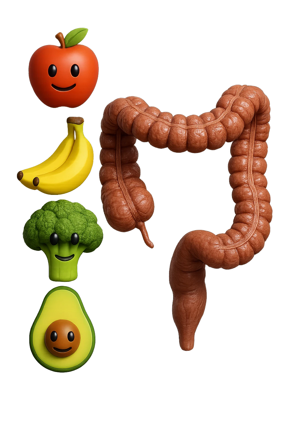 emoji stile iphone in 3d di cibo sano che fluttua in aria vericalmente insieme a pezzi di colon umano anatomico, iperrealistico 4k emoji