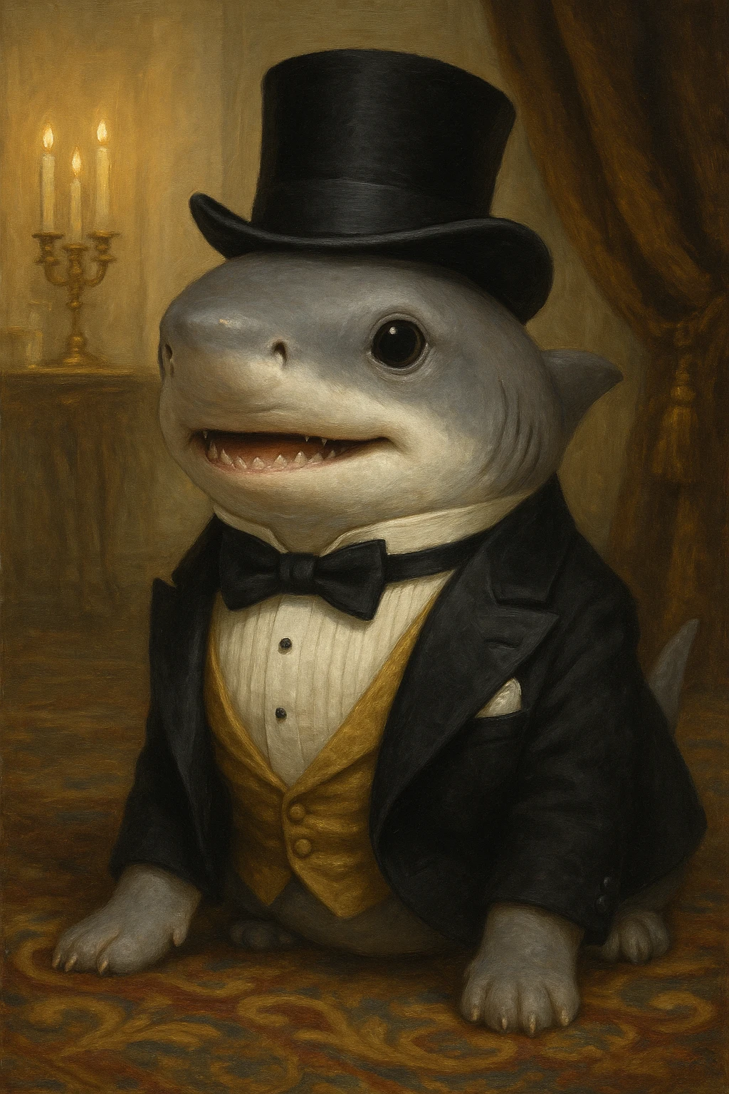 a shark puppy dressed for a high society party emoji