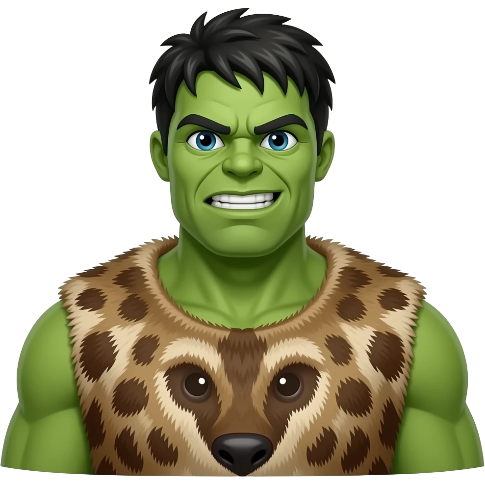 a Hulk wearing ancient animal skin cloth, half body, icon, yellow skin emoji