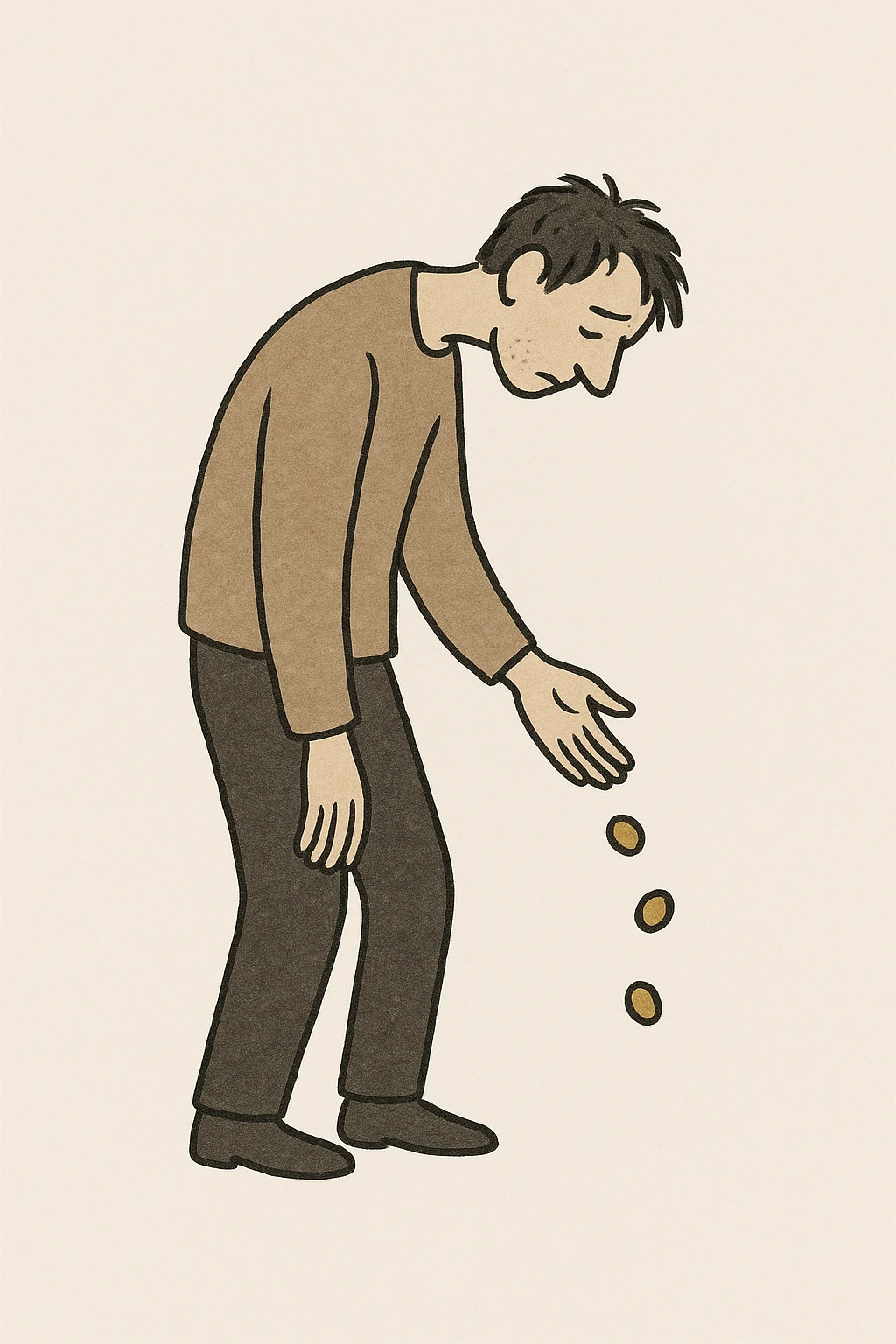 a broke man, slouched posture, coins falling from his hand, simple background emoji