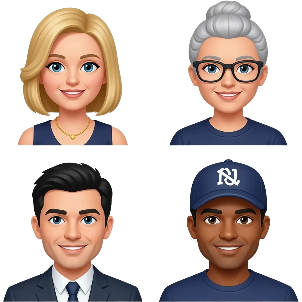 virtual meetings on computer screens amongst 4 teammates: 2 girls (1 blonde, 1 ash gray with updo and black-framed glasses), 2 guys (1 with black hair, 1 with ballcap) emoji