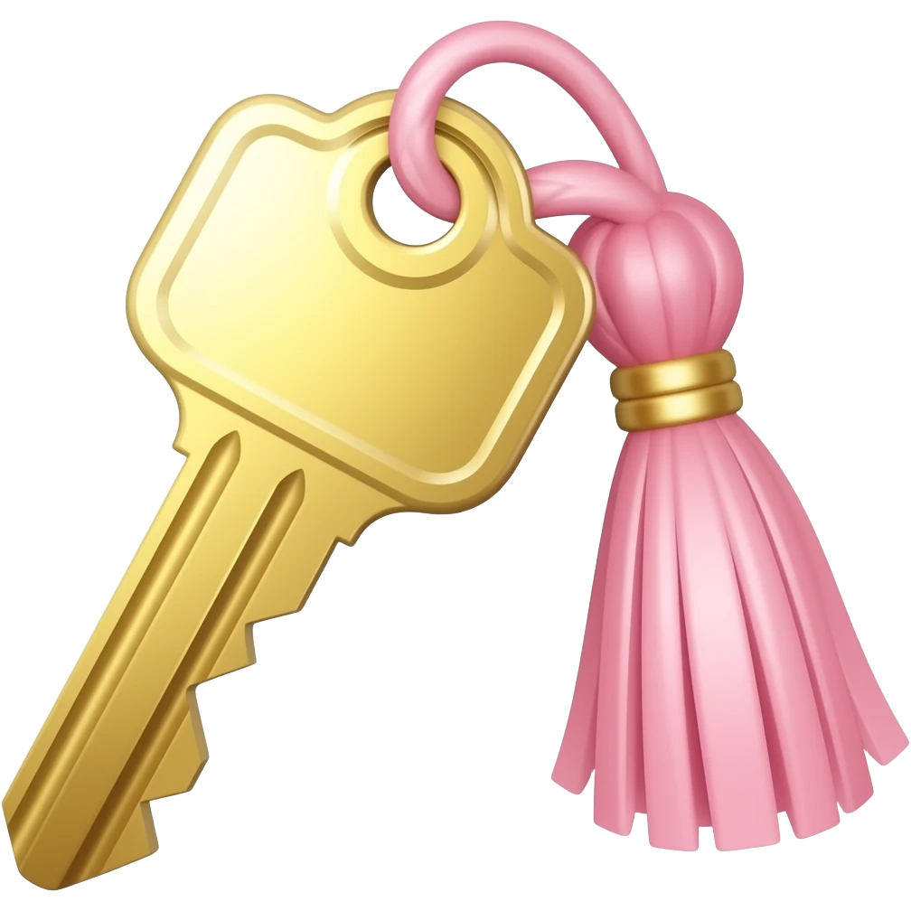 Elegant hotel room key with tassel, isolated, centered, no background, gold key, blush pink tassel, refined London grand hotel aesthetic emoji