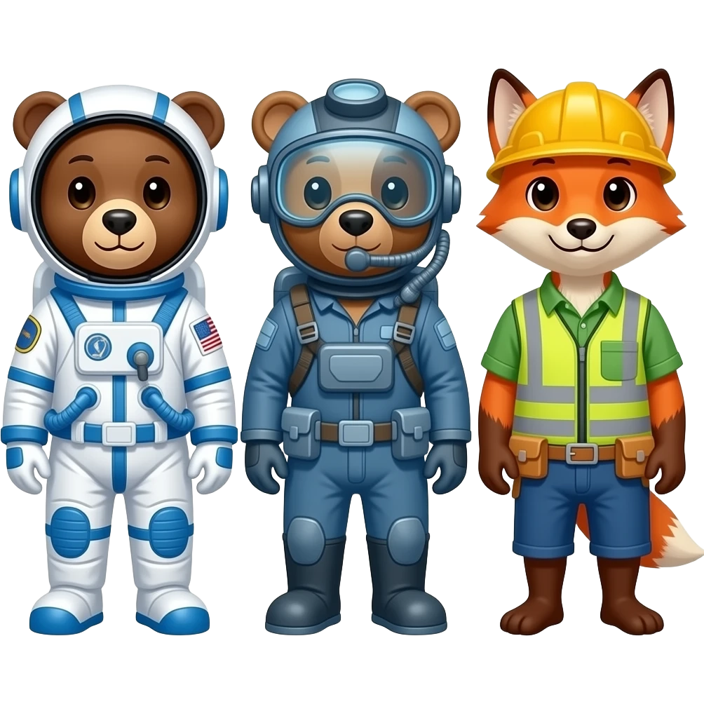 Bus driver bear, astronaut bear, deep sea diver bear, builder dog, archaeologist dog, and model fox emoji