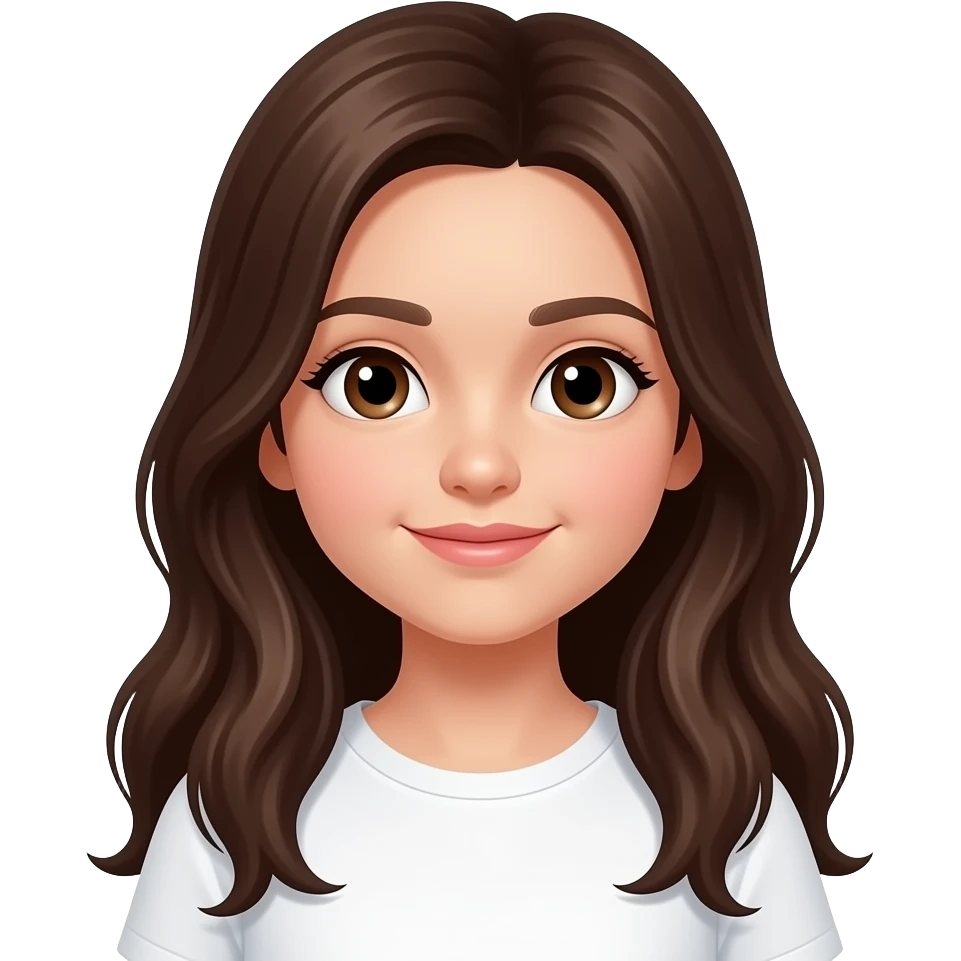 una niña con pelo largo y castaño oscuro, ojos marrones y raza blanca, y guapa emoji